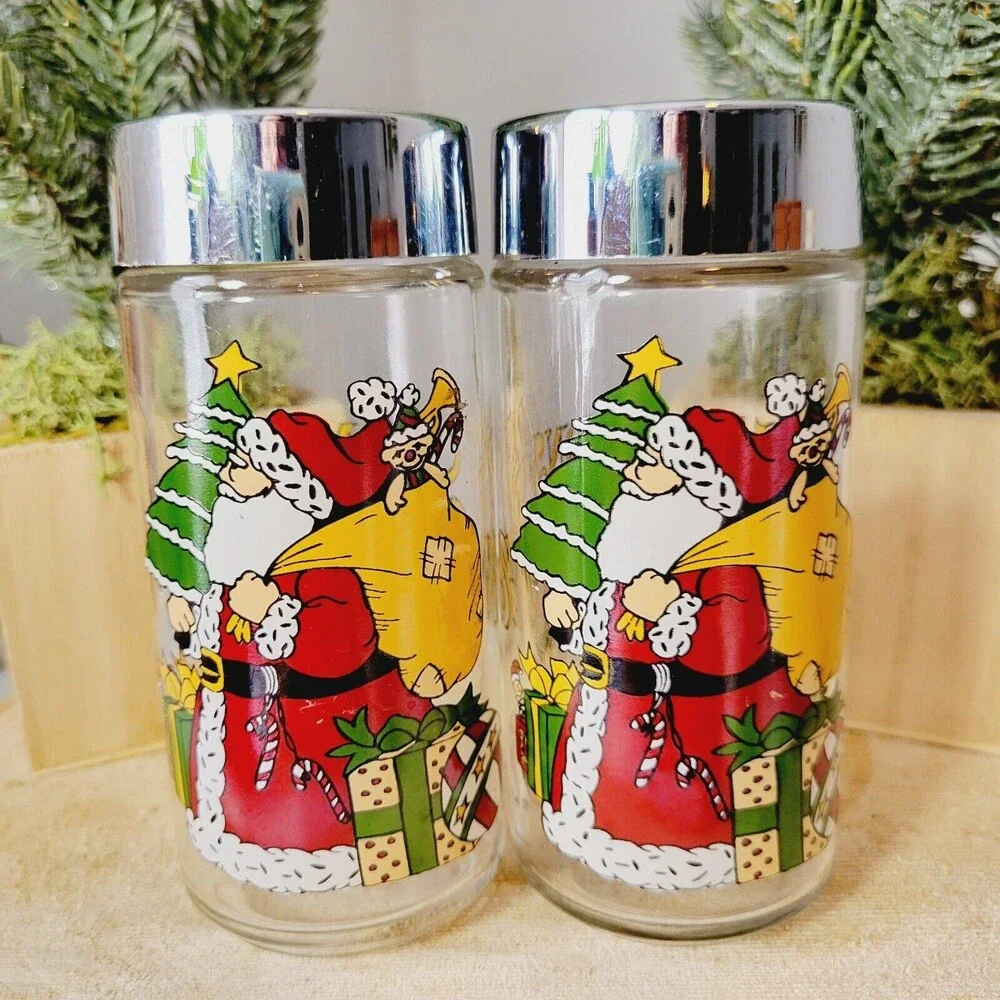 Anchor Hocking Salt & Pepper Shakers Seasons Greetings Victorian Santa Christmas